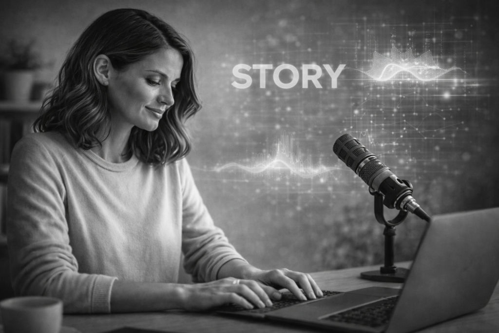 Ecommerce founder typing content while using AI tools to maintain brand voice and clarity.