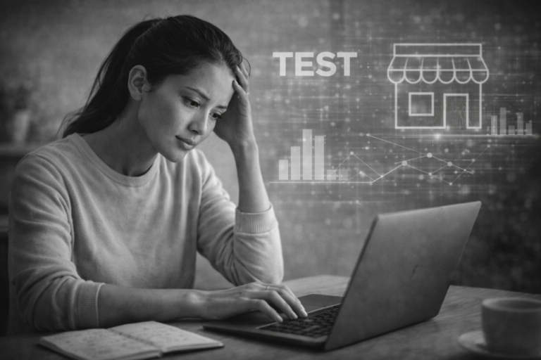 Ecommerce founder carefully testing a business idea with limited capital and focused decision-making.