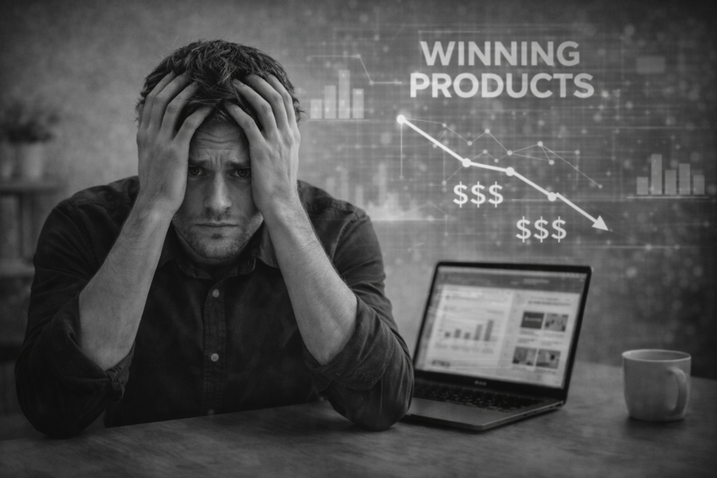 Ecommerce founder feeling stuck and frustrated after chasing winning products without building a stable brand.