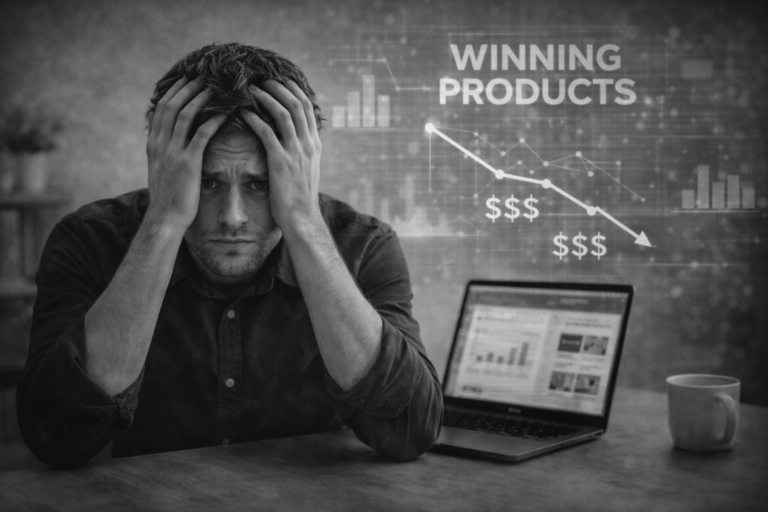 Ecommerce founder feeling stuck and frustrated after chasing winning products without building a stable brand.