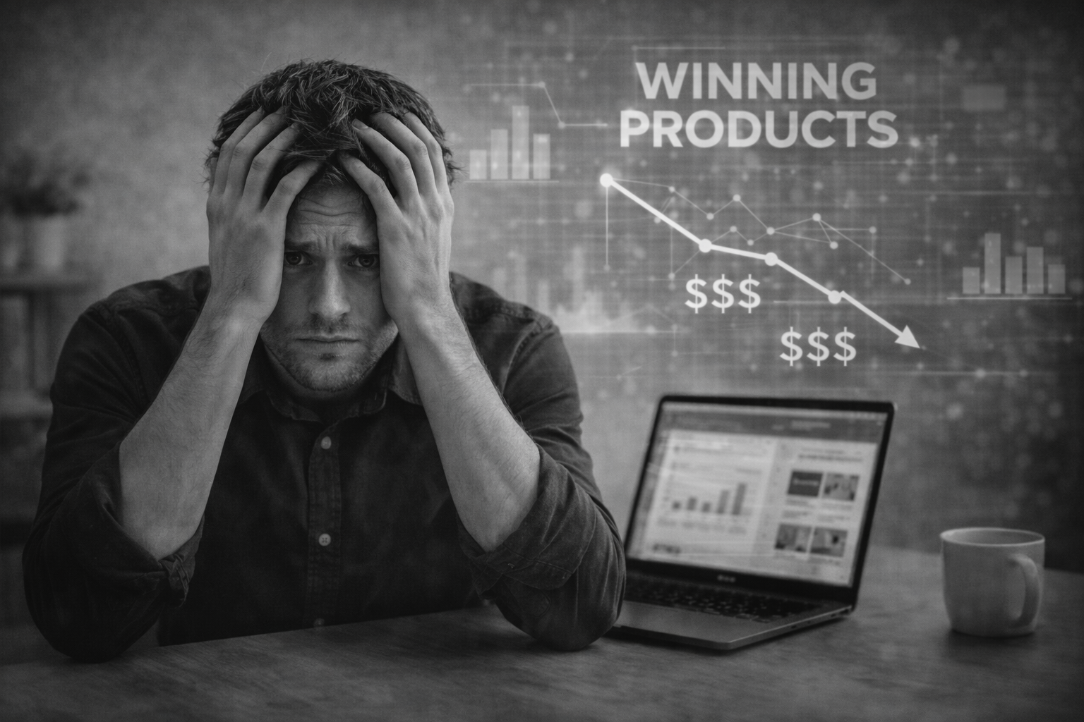 Ecommerce founder feeling stuck and frustrated after chasing winning products without building a stable brand.