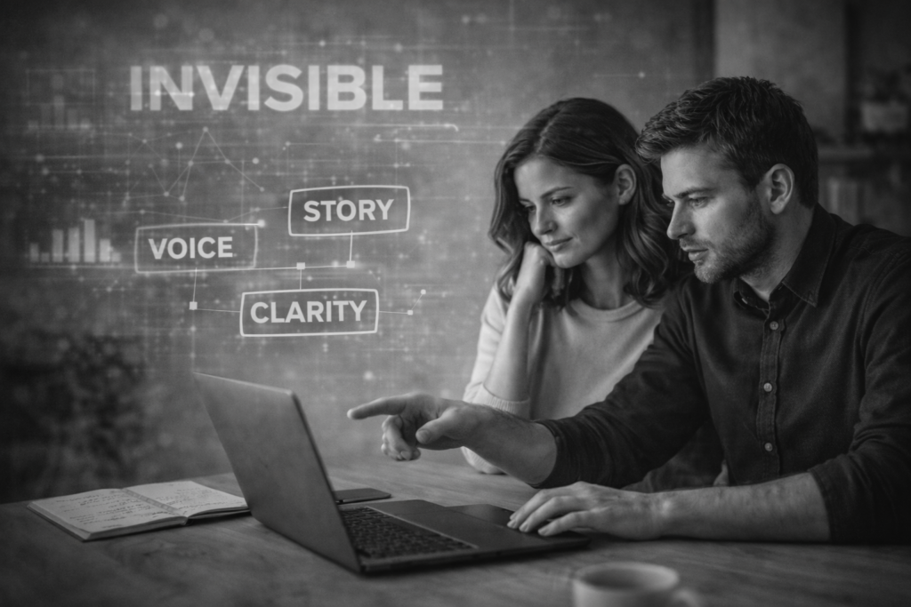 Ecommerce founders analysing a store’s message to improve visibility through story, voice, and clarity.