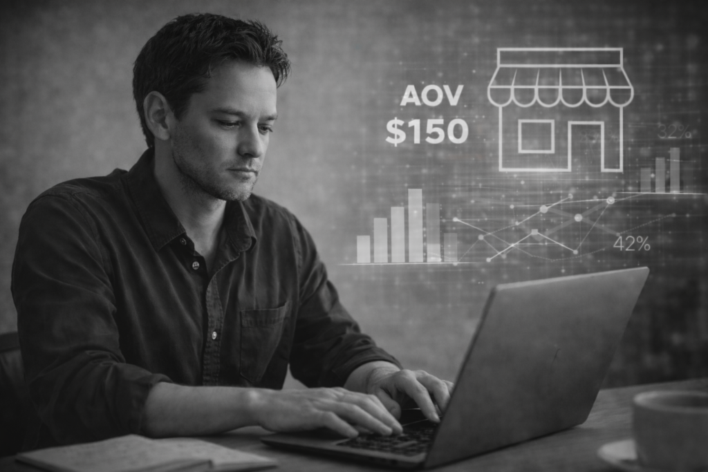 Ecommerce founder reviewing business numbers and storefront metrics before building a brand.