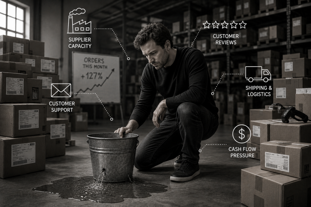 Ecommerce founder increasing order volume while water pours into a leaking bucket. Shipping boxes, supplier and customer service icons surround the scene, illustrating how business growth can expose hidden weaknesses rather than solve them.