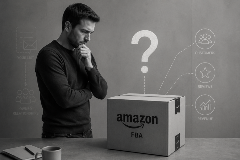 Founder evaluating an Amazon FBA business model. A large question mark sits above an Amazon fulfilment box while subtle icons represent customers, reviews, revenue and owned relationships, illustrating the difference between access and ownership in ecommerce.