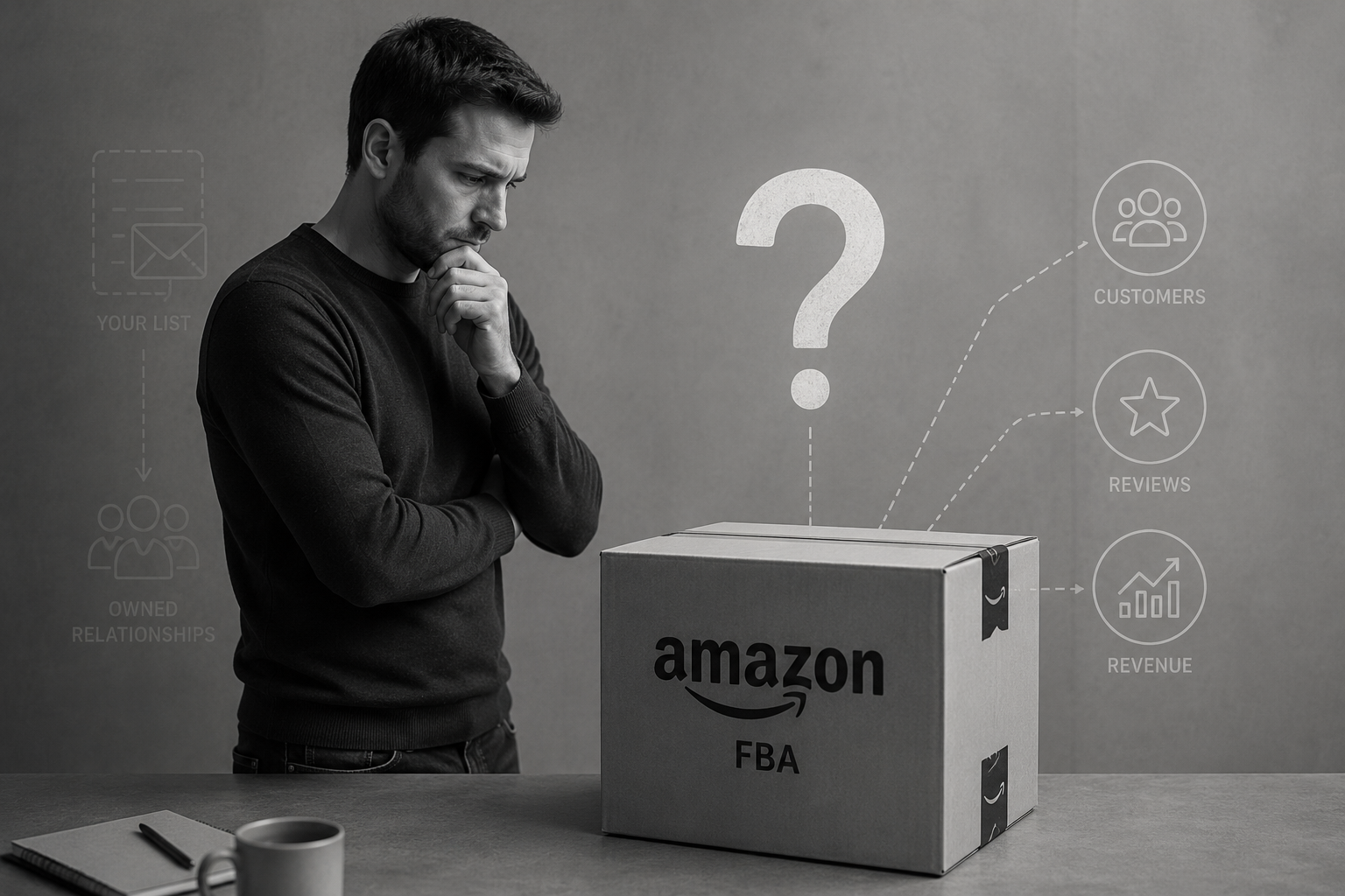 Founder evaluating an Amazon FBA business model. A large question mark sits above an Amazon fulfilment box while subtle icons represent customers, reviews, revenue and owned relationships, illustrating the difference between access and ownership in ecommerce.