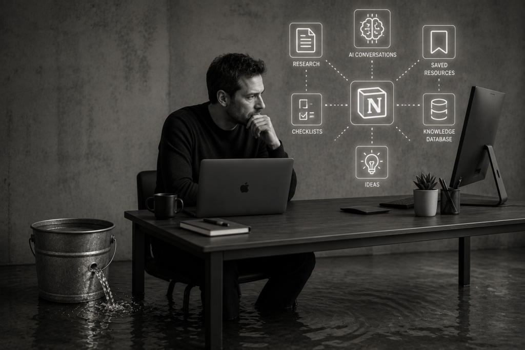 Founder studying an organised digital knowledge system while a bucket quietly leaks beside the desk. The image illustrates the tendency to replace testing and action with research, planning and organisation.