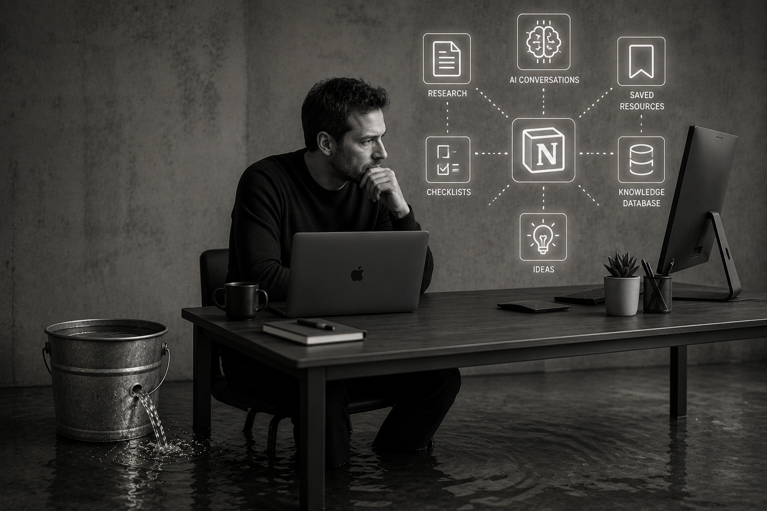 Founder studying an organised digital knowledge system while a bucket quietly leaks beside the desk. The image illustrates the tendency to replace testing and action with research, planning and organisation.