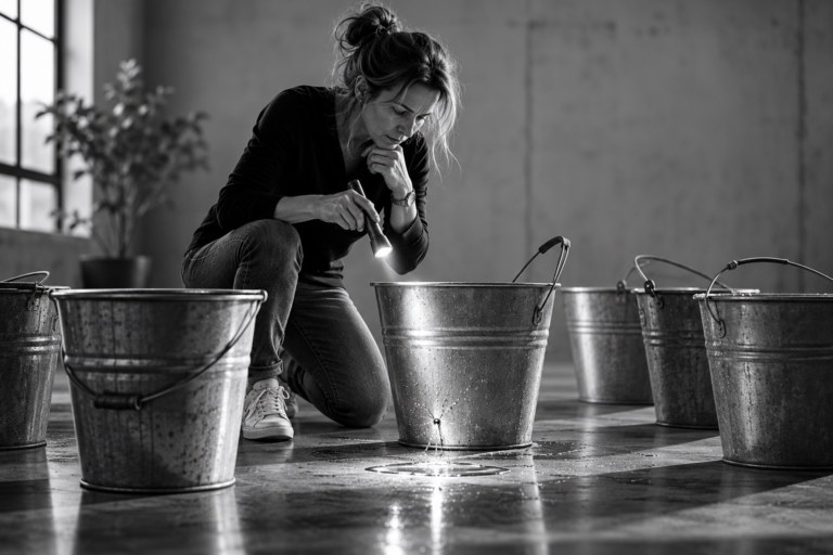 Founder carefully inspecting a bucket for a hidden leak in a greyscale editorial setting. The image represents business blind spots, diagnosis and the importance of identifying the real problem before seeking solutions.