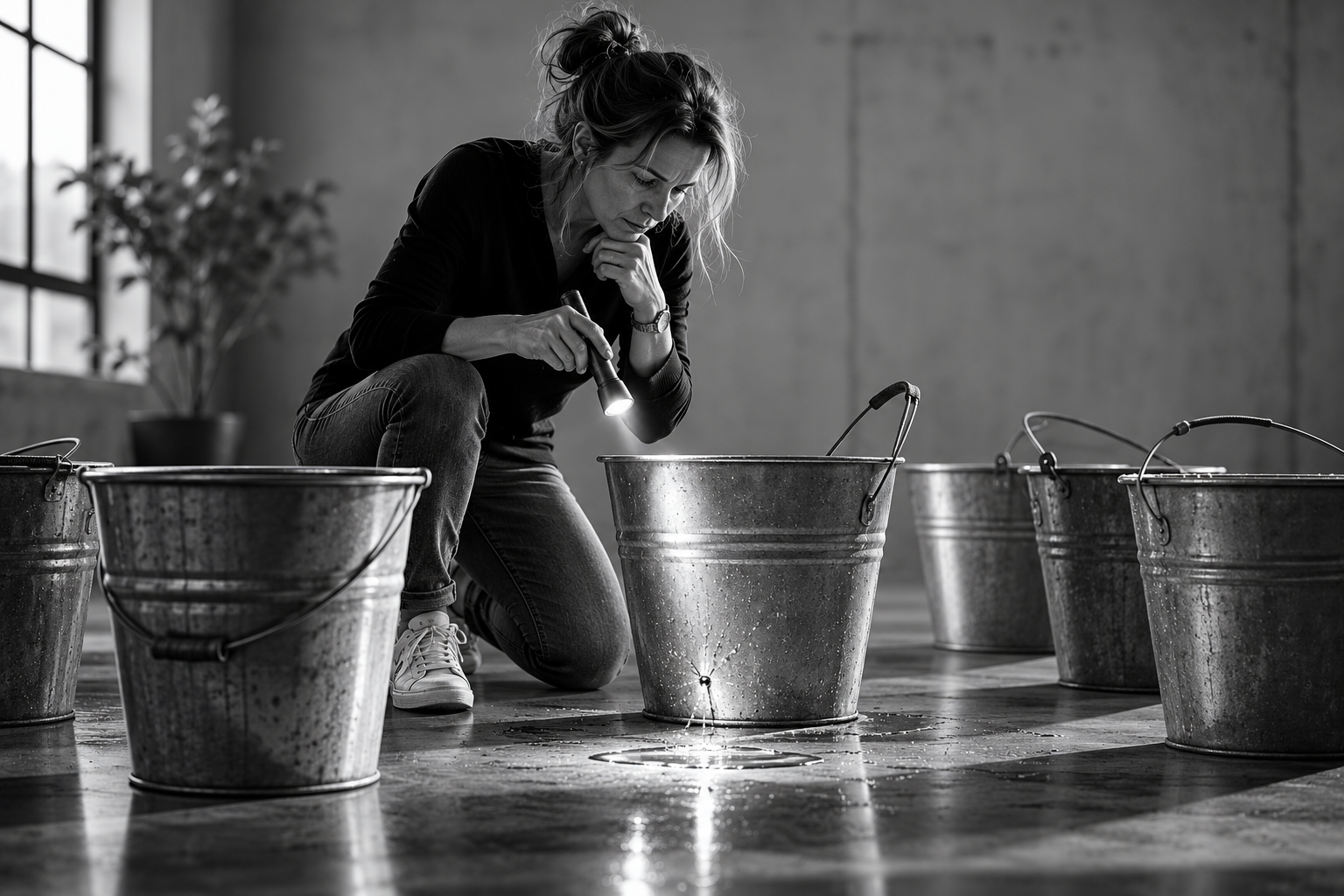 Founder carefully inspecting a bucket for a hidden leak in a greyscale editorial setting. The image represents business blind spots, diagnosis and the importance of identifying the real problem before seeking solutions.