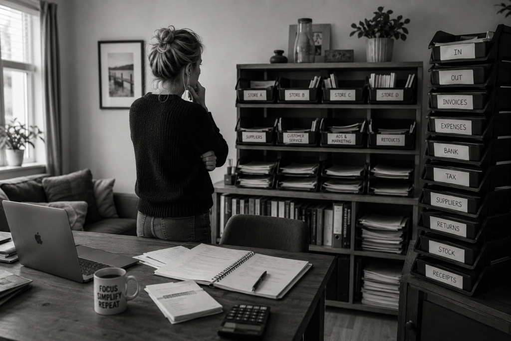 Founder looking at a growing wall of filing trays and business paperwork, representing the hidden administrative burden created by managing multiple stores instead of focusing on one.