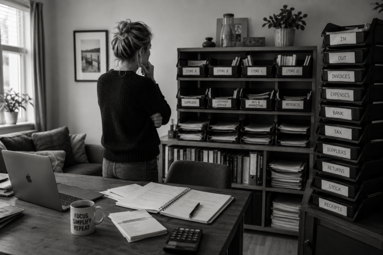 Founder looking at a growing wall of filing trays and business paperwork, representing the hidden administrative burden created by managing multiple stores instead of focusing on one.