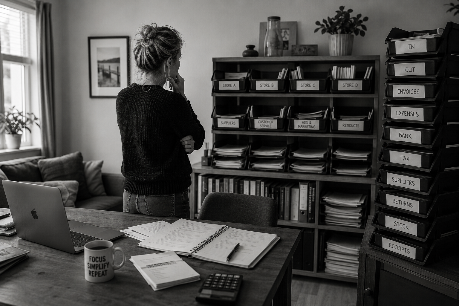 Founder looking at a growing wall of filing trays and business paperwork, representing the hidden administrative burden created by managing multiple stores instead of focusing on one.