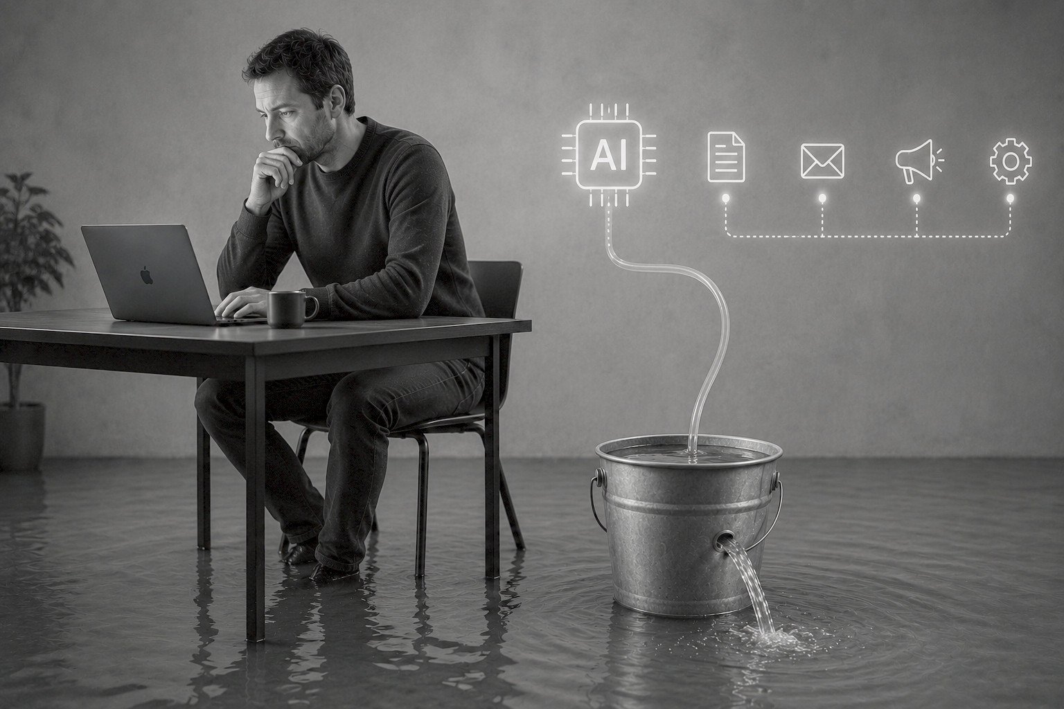Founder focused on the dashboard while a leaking bucket quietly fills beside him. Connected AI icons represent content, email, advertising and automation, exploring how amplification can hide deeper business leaks.