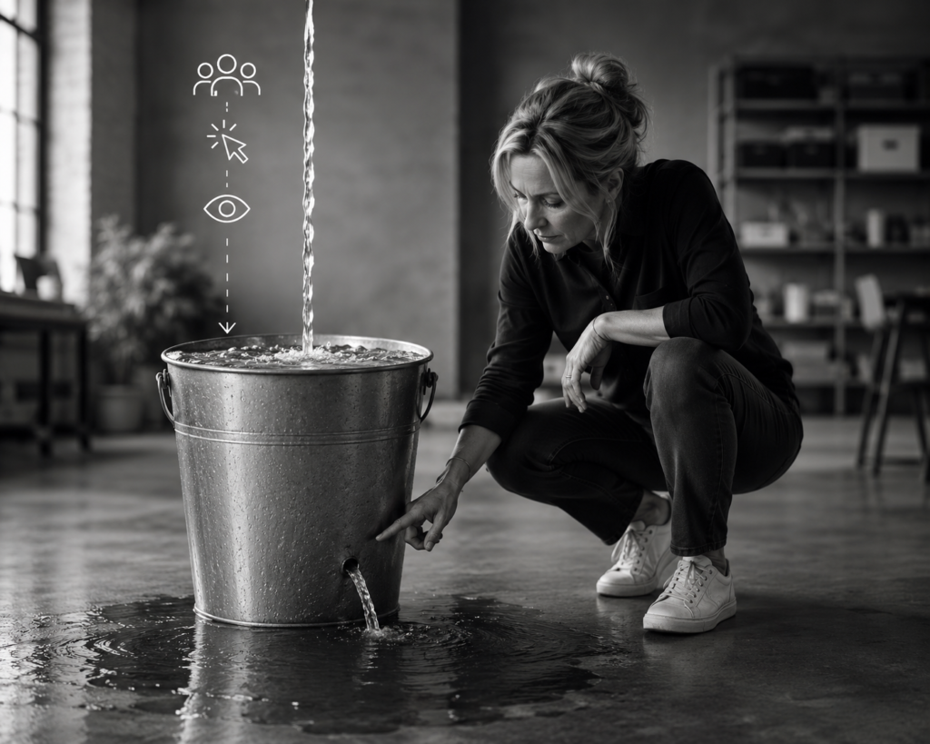 Founder examining a small leak in a nearly full bucket while a steady stream of water continues to flow in. The image illustrates how increasing traffic can hide deeper conversion and offer problems rather than solve them.