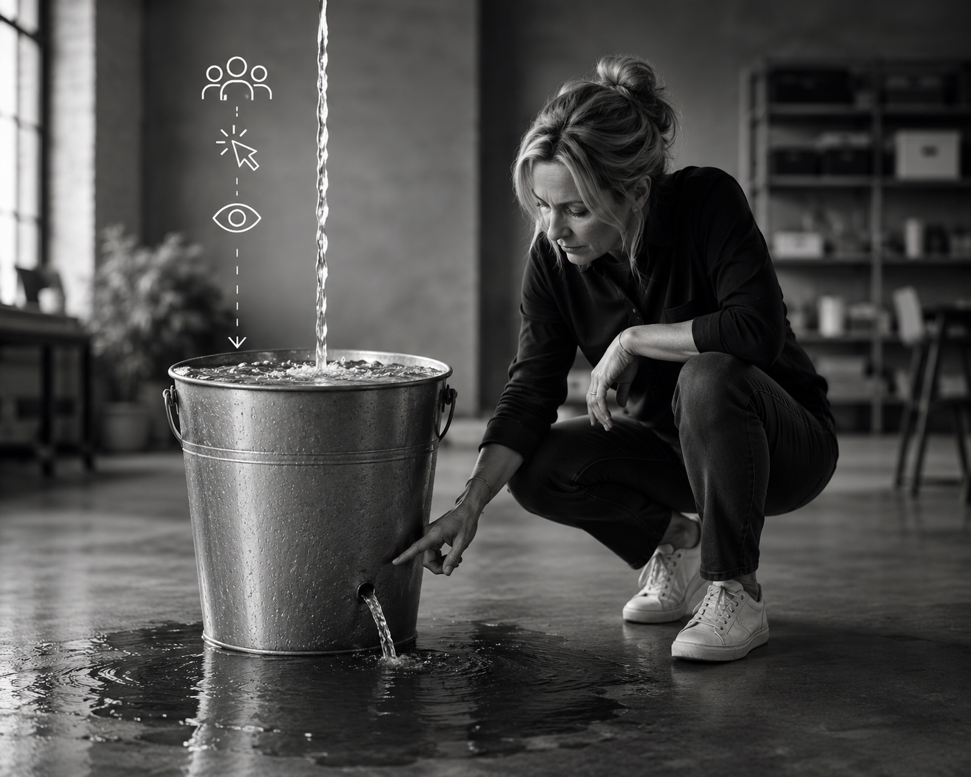 Founder examining a small leak in a nearly full bucket while a steady stream of water continues to flow in. The image illustrates how increasing traffic can hide deeper conversion and offer problems rather than solve them.